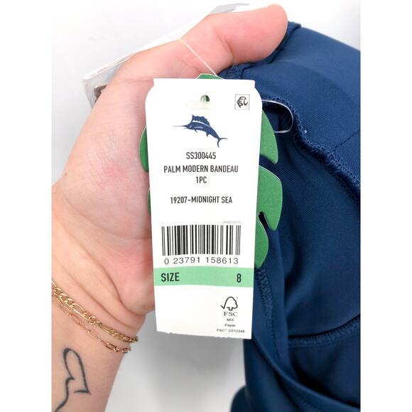 TOMMY BAHAMA Palm Modern Bandeau One-Piece Swimsuit Size 8 Blue Midnight Sea NWT - Picture 9 of 14